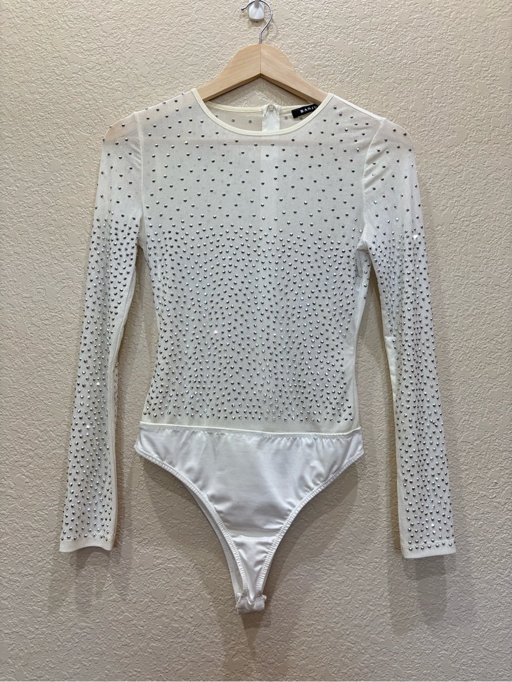Banjul Rhinestone-Embellished Long-Sleeve Mesh Bodysuit White Bachelorette Med